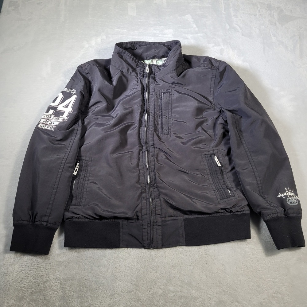 Ecko Unltd Bomber Jacket Mens XL Black Nylon Graffiti Lining Streetwear 24 Patch